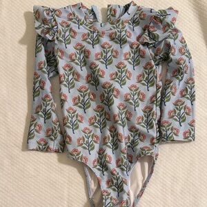 Girls Light Blue Floral Ruffle-Shoulder One-Piece Swimsuit